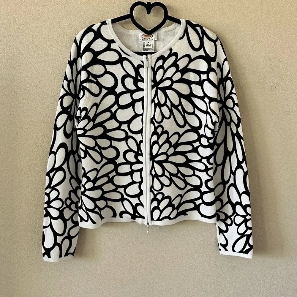 Talbots Black White Floral Pattern Zip Front Cotton Cardigan Sweater Size M